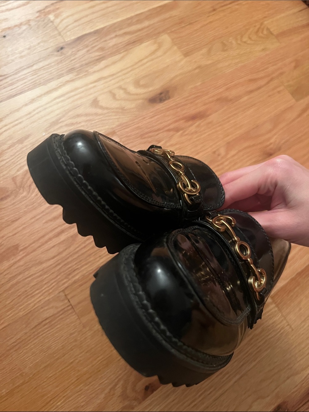 Circus by Sam Edelman Black Patent Lug Sole Loafers with Gold Horsebit - Picture 6 of 6